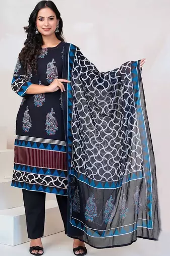 Women Paisley Printed Regular Sequinned Pure Cotton Kurta with Trousers & With Dupatta