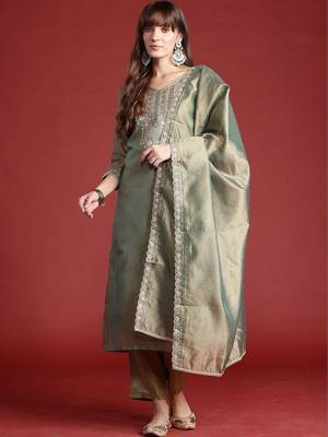 Women Ethnic Motifs Embroidered Regular Thread Work Liva Kurta with Trousers & With Dupatta 1