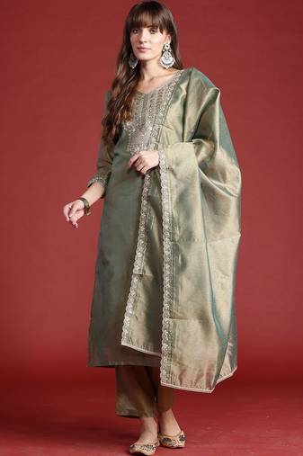 Women Ethnic Motifs Embroidered Regular Thread Work Liva Kurta with Trousers & With Dupatta