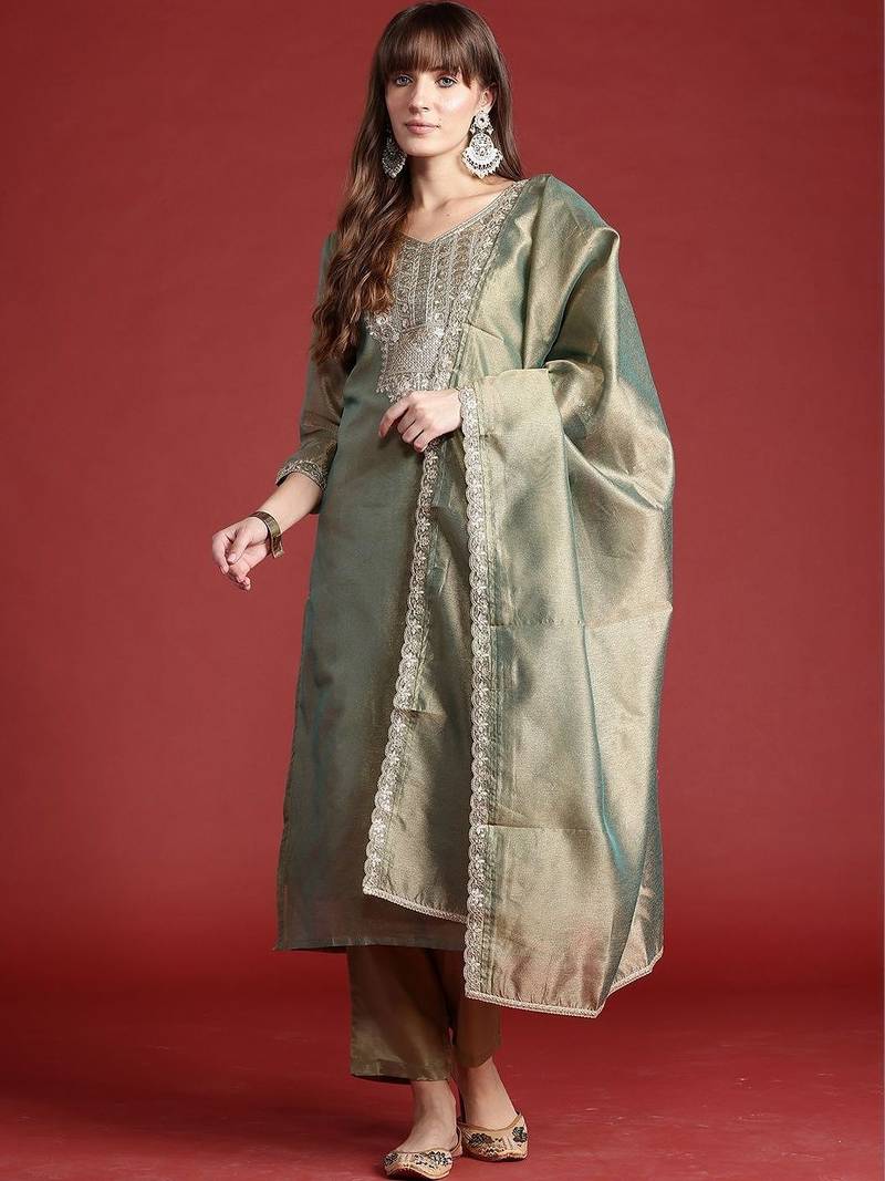 Women Ethnic Motifs Embroidered Regular Thread Work Liva Kurta with Trousers & With Dupatta