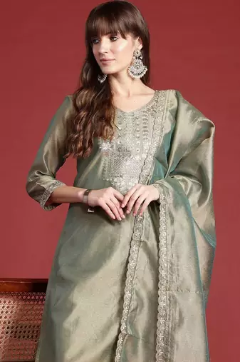 Women Ethnic Motifs Embroidered Regular Thread Work Liva Kurta with Trousers & With Dupatta