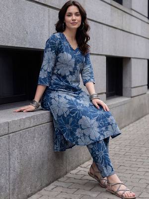 Women Floral Printed Regular Pure Cotton Kurta with Trousers 5