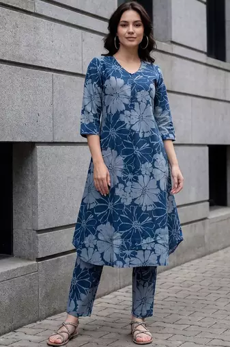 Women Floral Printed Regular Pure Cotton Kurta with Trousers