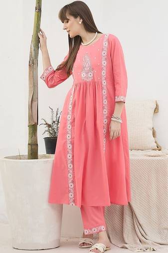 Women Ethnic Motifs Embroidered Panelled Thread Work  Cotton Kurta with Trousers