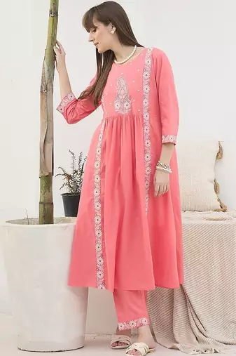 Women Ethnic Motifs Embroidered Panelled Thread Work Pure Cotton Kurta with Trousers