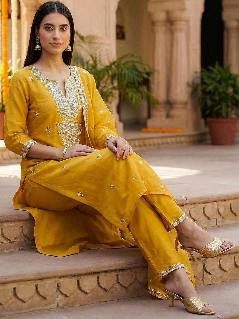 Women Ethnic Motifs Embroidered Regular Thread Work Kurta with Trousers & With Dupatta