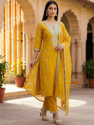 Women Ethnic Motifs Embroidered Regular Thread Work Kurta with Trousers & With Dupatta 5