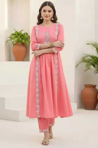 Women Ethnic Motifs Embroidered Panelled Thread Work Pure Cotton Kurta with Trousers