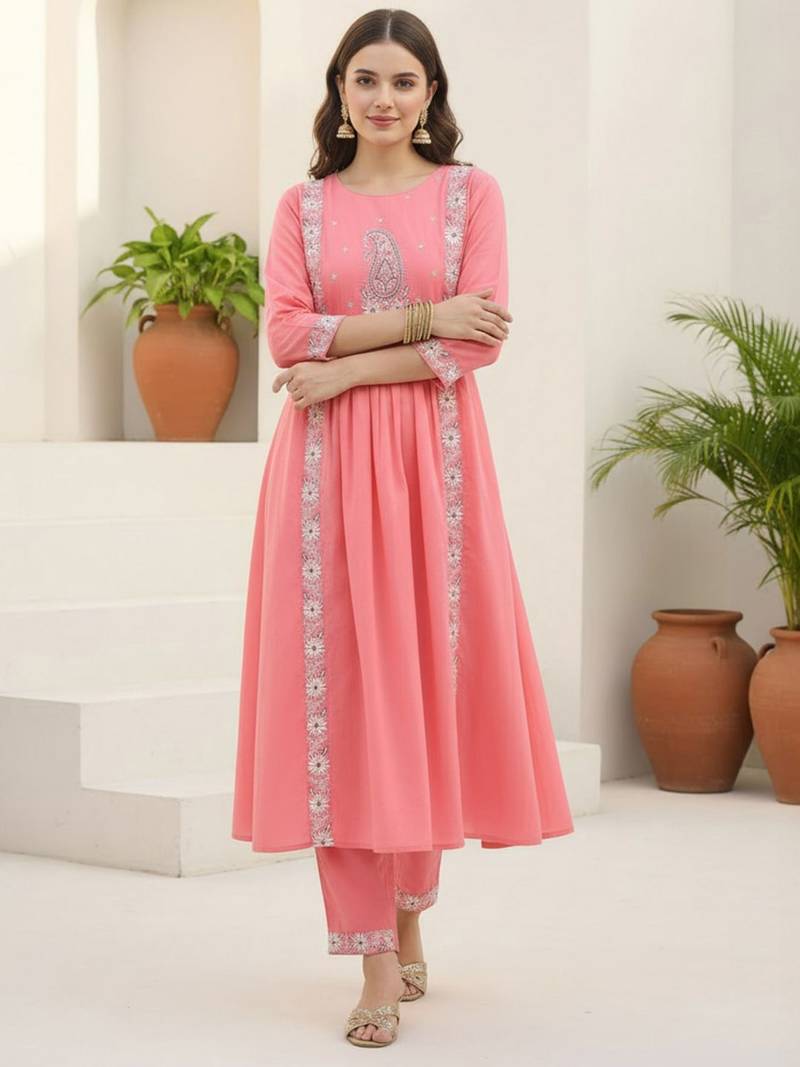 Women Ethnic Motifs Embroidered Panelled Thread Work Pure Cotton Kurta with Trousers