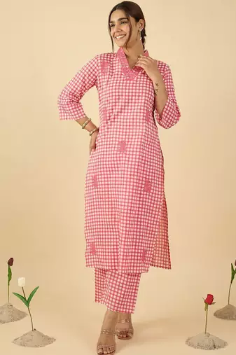 Women Regular Thread Work Pure Cotton Kurta with Trousers