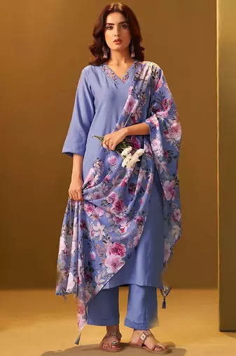 Floral Regular Thread Work Kurta With Trousers & Dupatta