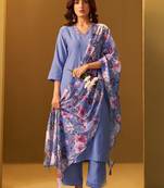 Floral Regular Thread Work Kurta With Trousers & Dupatta
