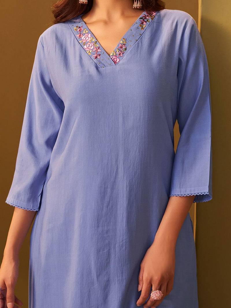 Floral Regular Thread Work Kurta With Trousers & Dupatta