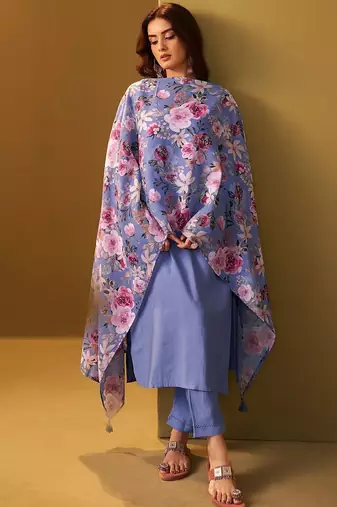Floral Regular Thread Work Kurta With Trousers & Dupatta
