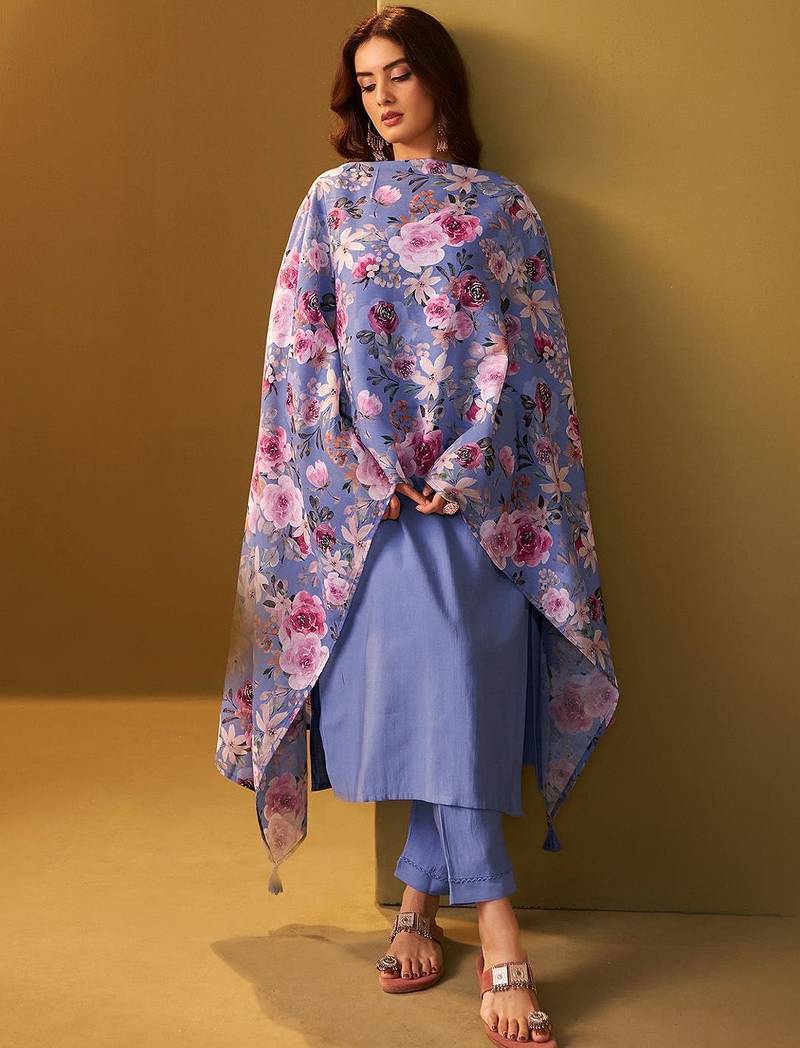 Floral Regular Thread Work Kurta With Trousers & Dupatta