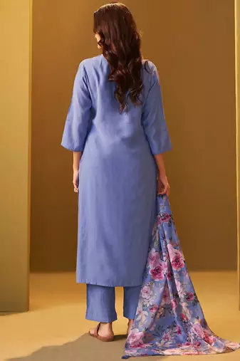 Floral Regular Thread Work Kurta With Trousers & Dupatta