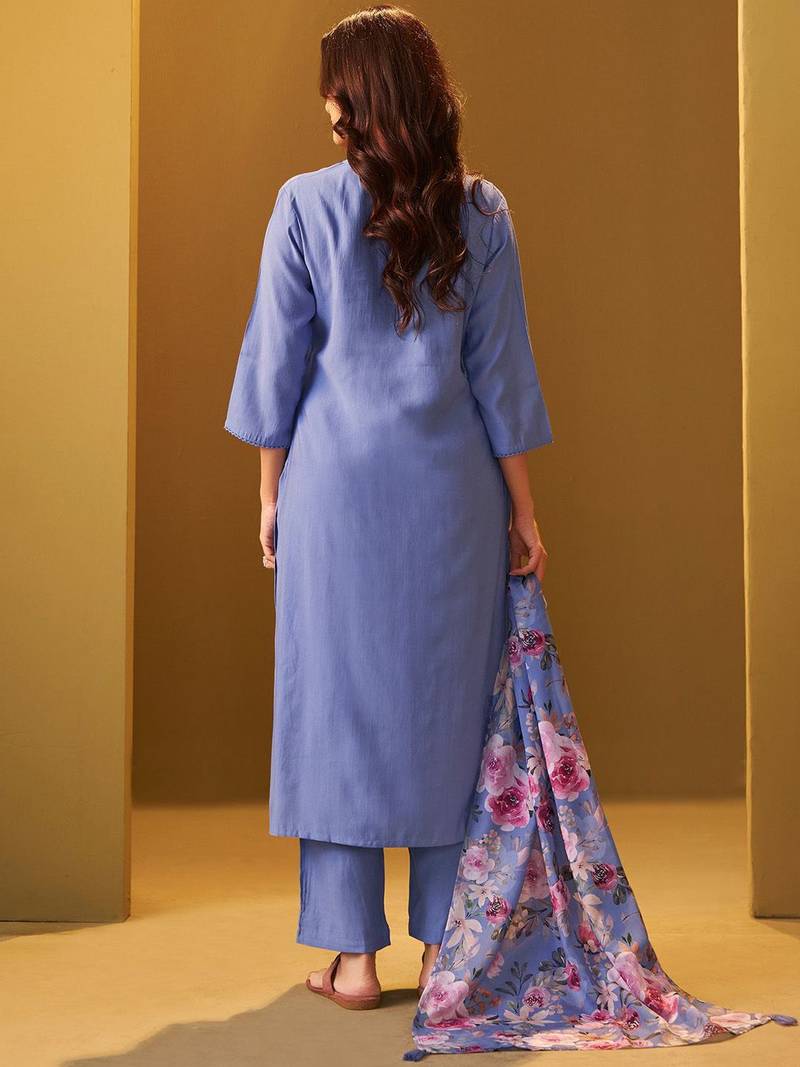 Floral Regular Thread Work Kurta With Trousers & Dupatta