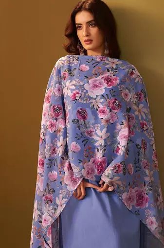 Floral Regular Thread Work Kurta With Trousers & Dupatta