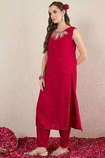 Women Solid Embroidered Kurta with Trousers