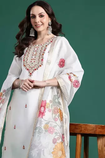 Floral Embroidered Thread Work Kurta With Trousers & Dupatta