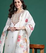 Floral Embroidered Thread Work Kurta With Trousers & Dupatta