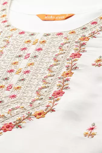 Floral Embroidered Thread Work Kurta With Trousers & Dupatta