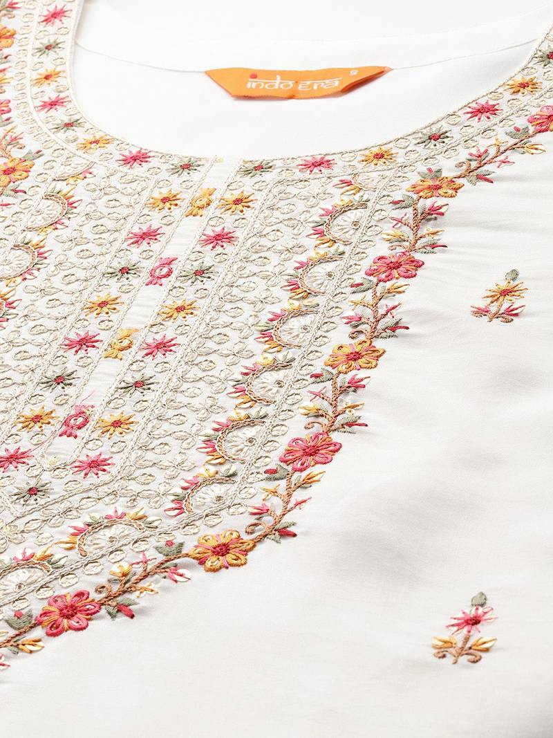 Floral Embroidered Thread Work Kurta With Trousers & Dupatta