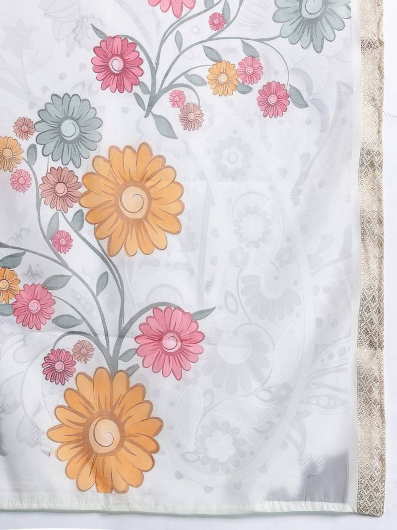 Floral Embroidered Thread Work Kurta With Trousers & Dupatta