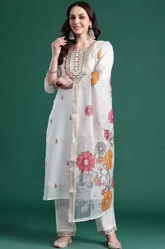 Floral Embroidered Thread Work Kurta With Trousers & Dupatta