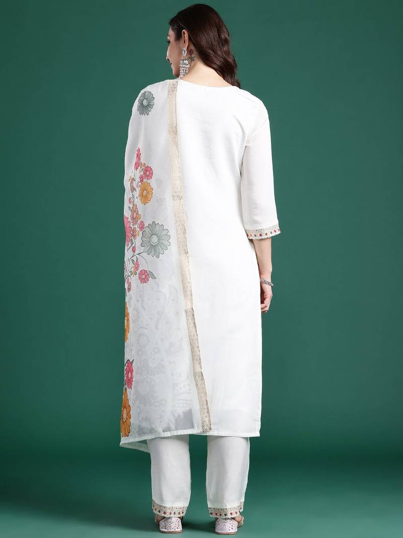Floral Embroidered Thread Work Kurta With Trousers & Dupatta