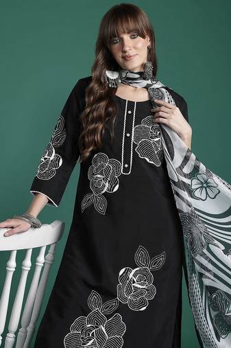 Floral Embroidered  Cotton Kurta with Trousers & Dupatta