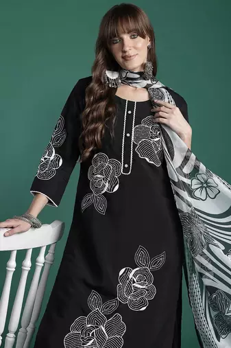 Floral Embroidered Pure Cotton Kurta with Trousers & Dupatta