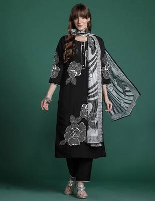 Floral Embroidered Pure Cotton Kurta with Trousers & Dupatta 5