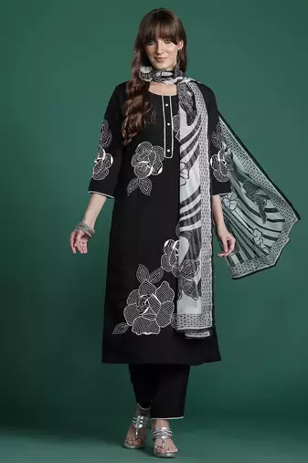 Floral Embroidered Pure Cotton Kurta with Trousers & Dupatta