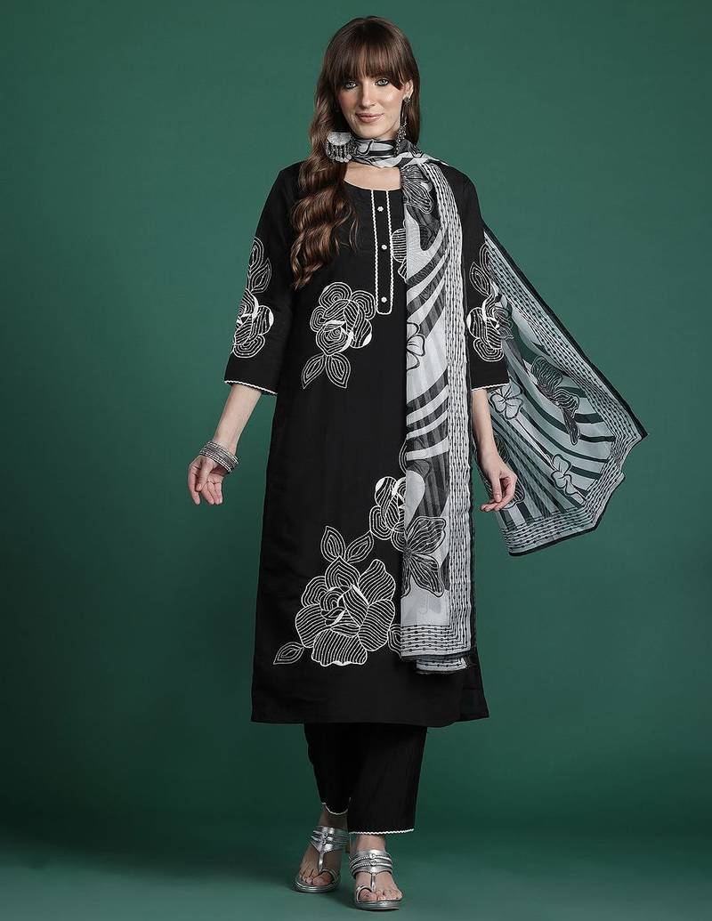 Floral Embroidered Pure Cotton Kurta with Trousers & Dupatta