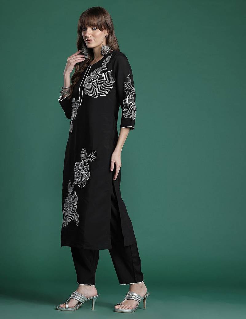 Floral Embroidered Pure Cotton Kurta with Trousers & Dupatta