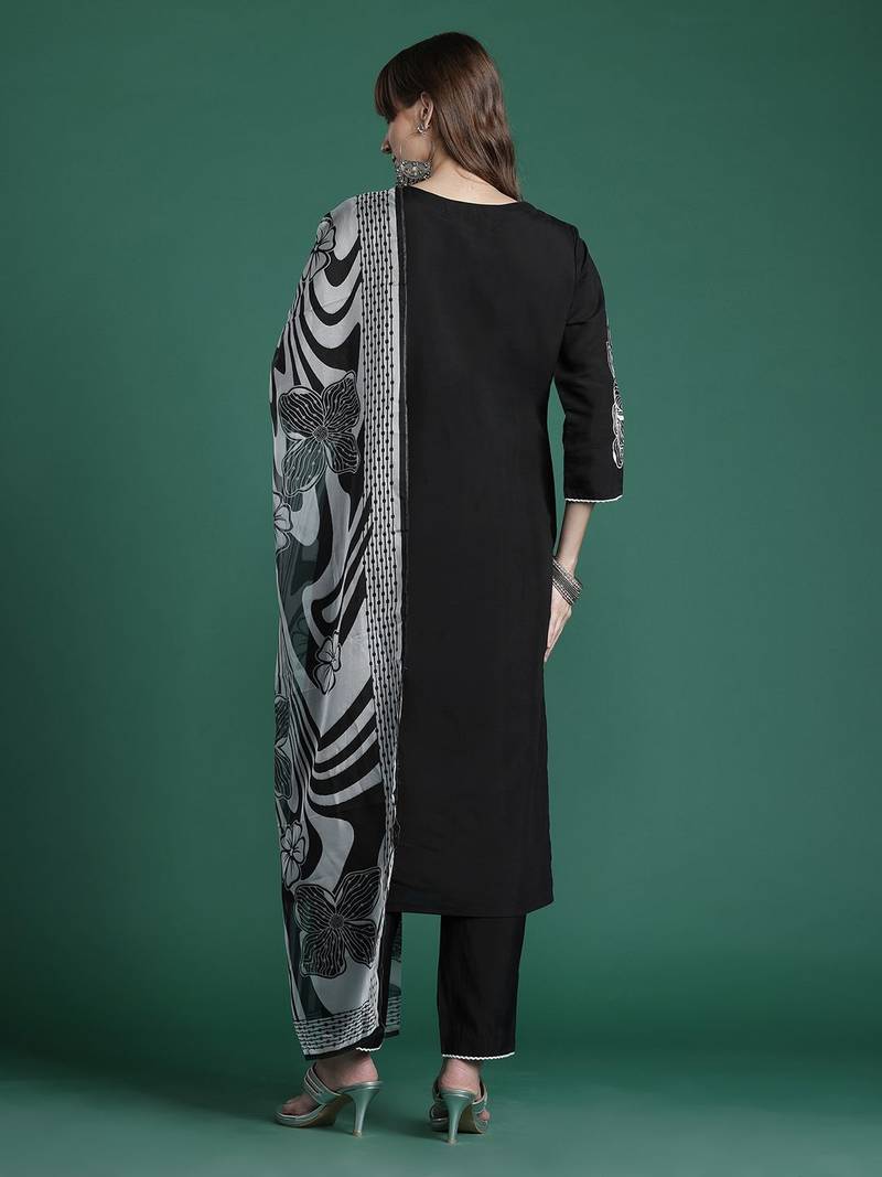 Floral Embroidered Pure Cotton Kurta with Trousers & Dupatta