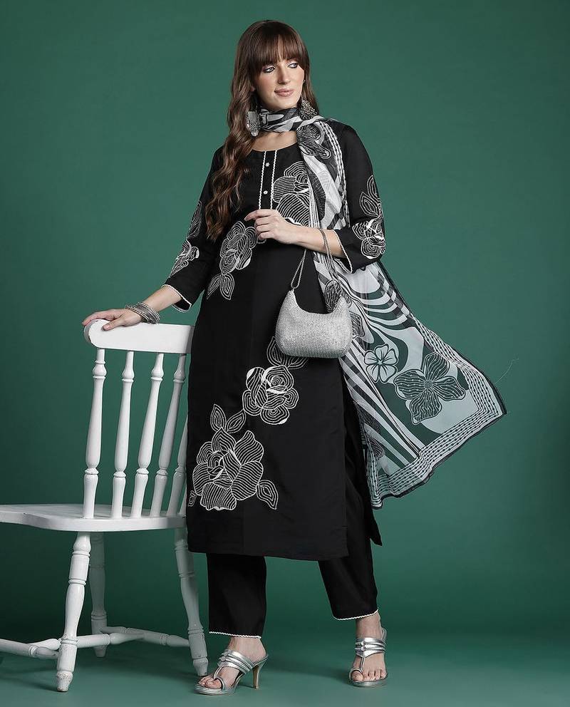 Floral Embroidered Pure Cotton Kurta with Trousers & Dupatta
