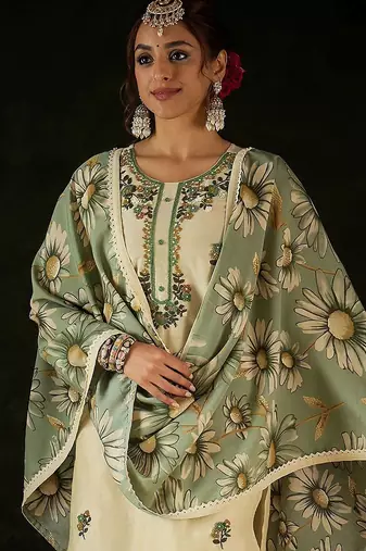 Women Floral Embroidered Regular Thread Work Kurta with Trousers & With Dupatta