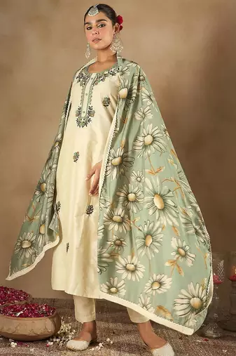 Floral Embroidered U-Neck Straight Kurta With Trousers And Dupatta