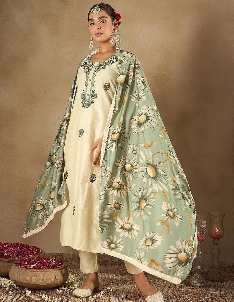 Floral Embroidered U-Neck Straight Kurta With Trousers And Dupatta