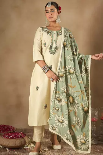 Floral Embroidered U-Neck Straight Kurta With Trousers And Dupatta