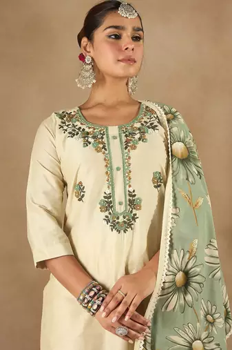 Floral Embroidered U-Neck Straight Kurta With Trousers And Dupatta