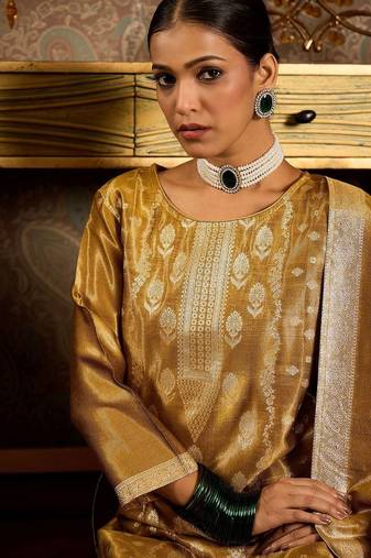 Ethnic Motifs Woven Design Zari Straight Kurta With Trousers & Dupatta