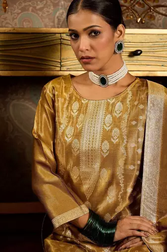 Ethnic Motifs Woven Design Zari Straight Kurta With Trousers & Dupatta