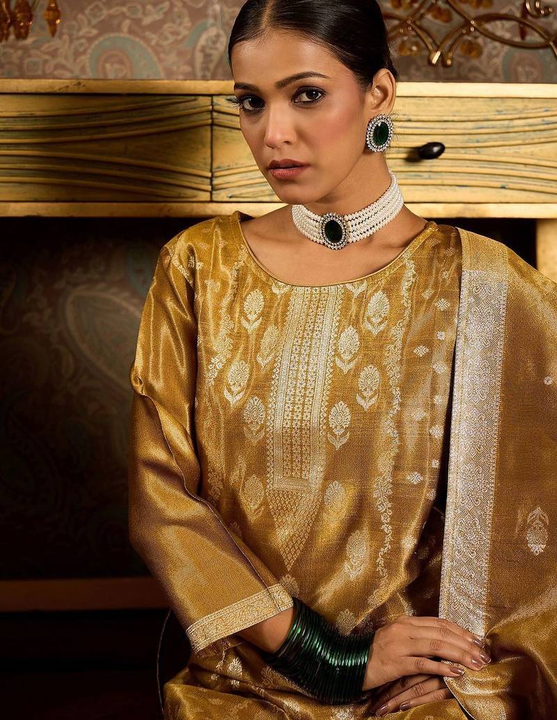 Ethnic Motifs Woven Design Zari Straight Kurta With Trousers & Dupatta