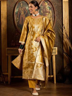 Ethnic Motifs Woven Design Zari Straight Kurta With Trousers & Dupatta 2