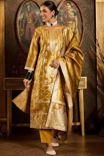 Ethnic Motifs Woven Design Zari Straight Kurta With Trousers & Dupatta