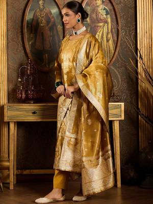 Ethnic Motifs Woven Design Zari Straight Kurta With Trousers & Dupatta 4