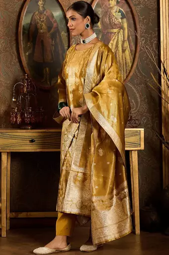 Ethnic Motifs Woven Design Zari Straight Kurta With Trousers & Dupatta